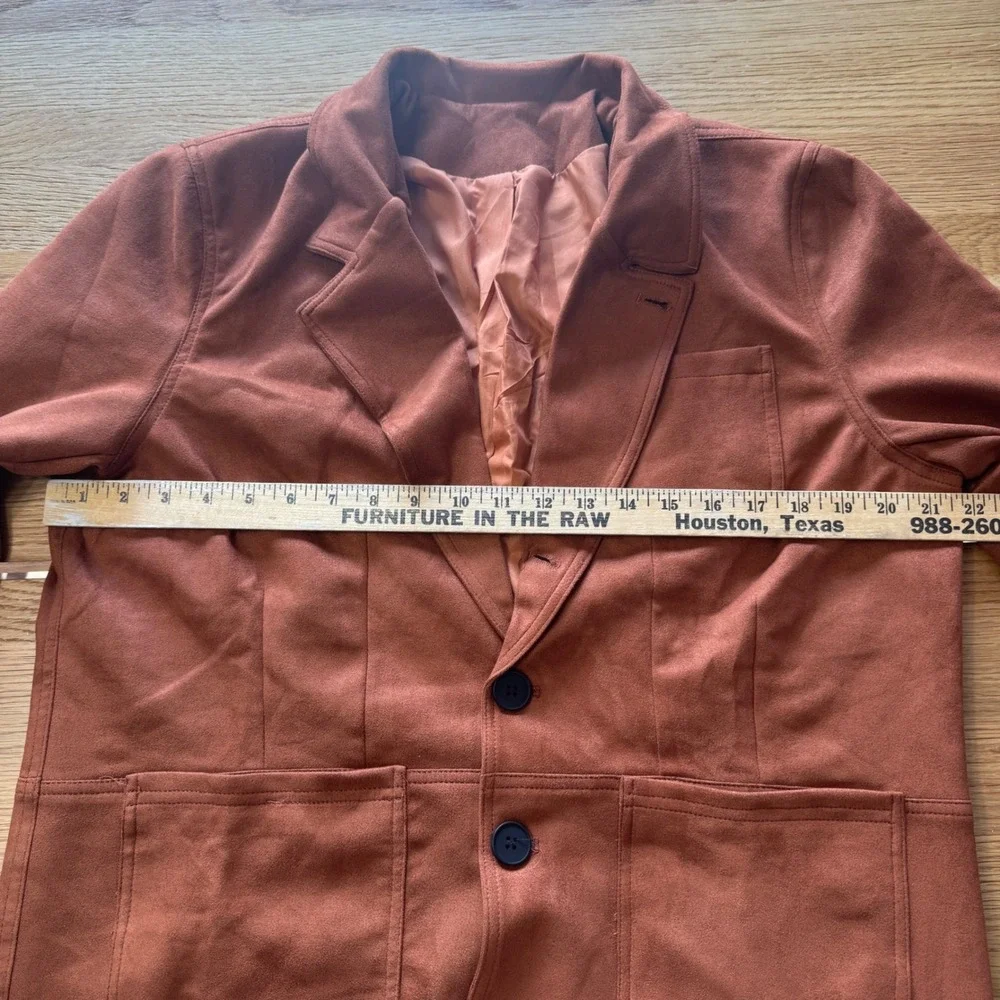 Mens Rust Brown Faux Suede Two Button Blazer Jacket XL Patch Pockets Solid